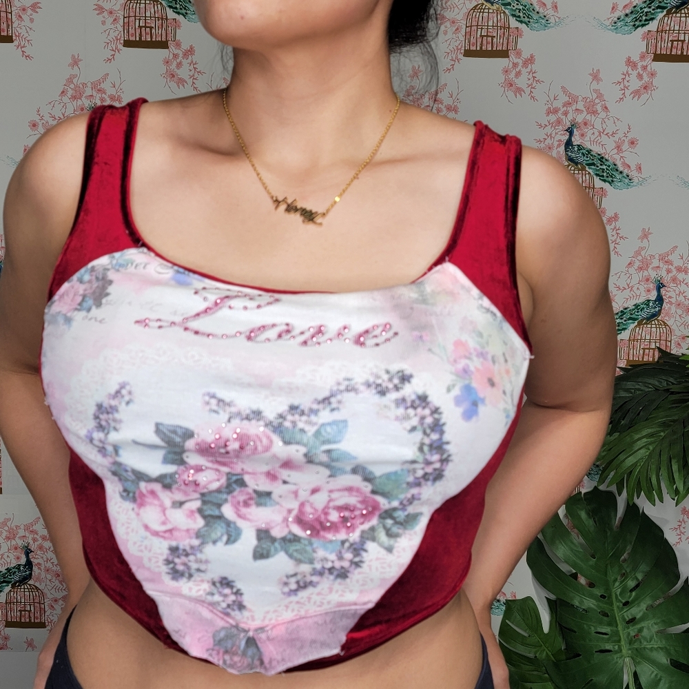 Upcycle Custom Corset Top Flower Print With Bling Y2K Patchwork